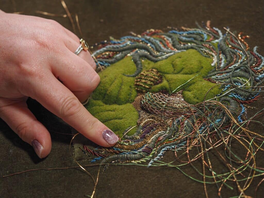 Goldwork embroidery being worked in my studio